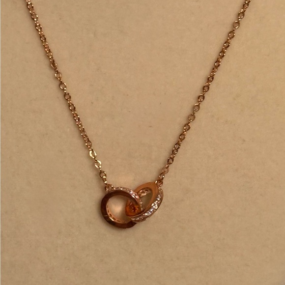 NWOT 925 Sterling Silver Double Circle CZ Necklace 8” Rose Gold Interlocking - Picture 3 of 14